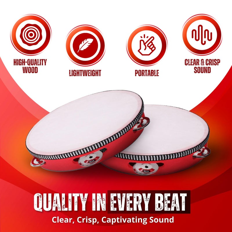 Flexzion Wood Handheld Tambourines - 8 and 6 Inch Set of 2 Pack, with Single Row Metal Jingle Bell (Red) Hand Held Tambourine Percussion Drum Moon Musical Instrument - Image 3